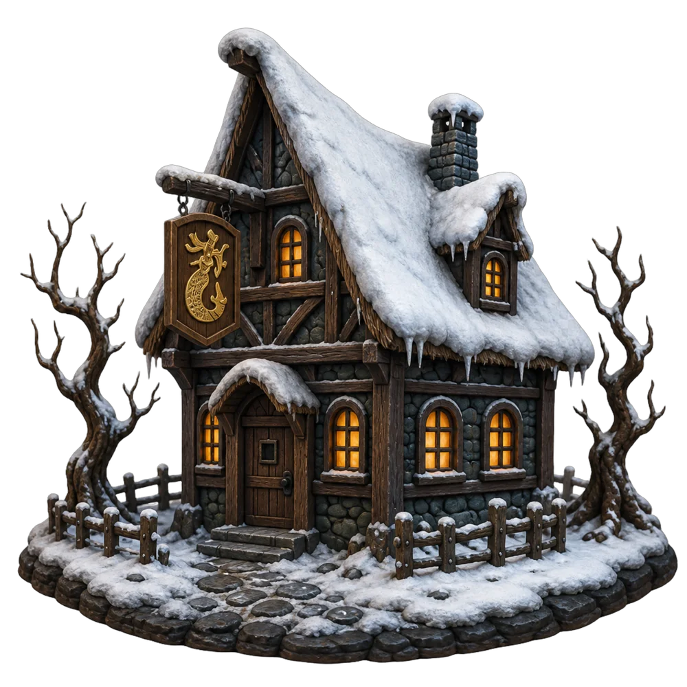 Clay miniature matching the snowbound Singing Stone tavern from the book cover