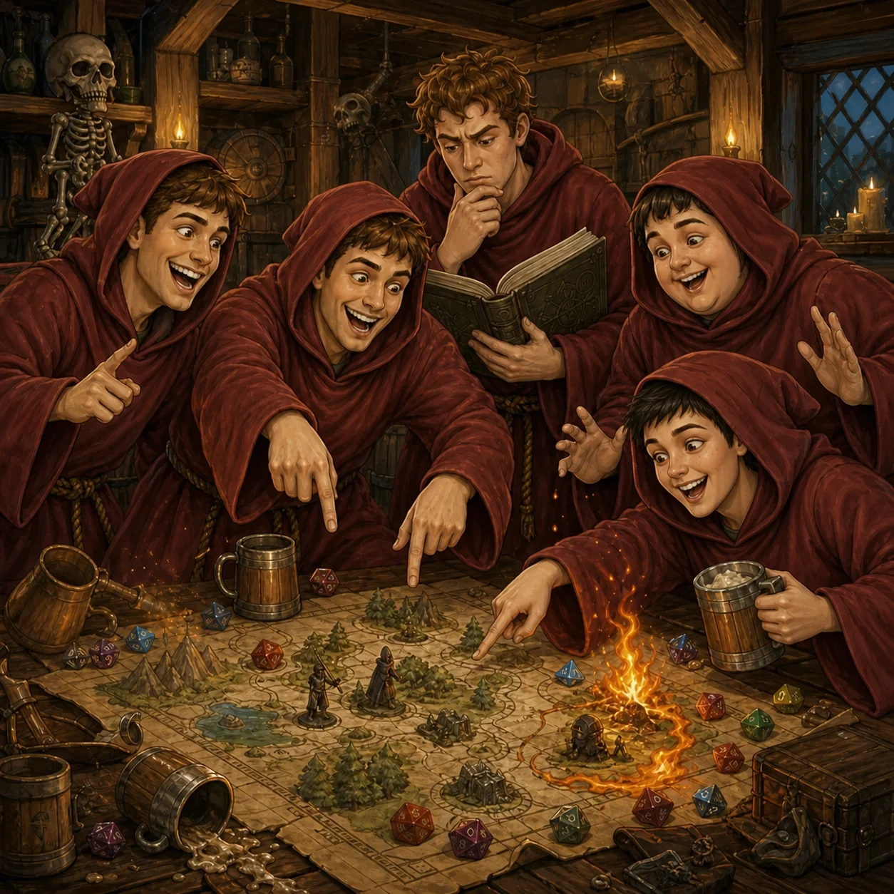 Dante's five red-robed friends planning around a fantasy tabletop map