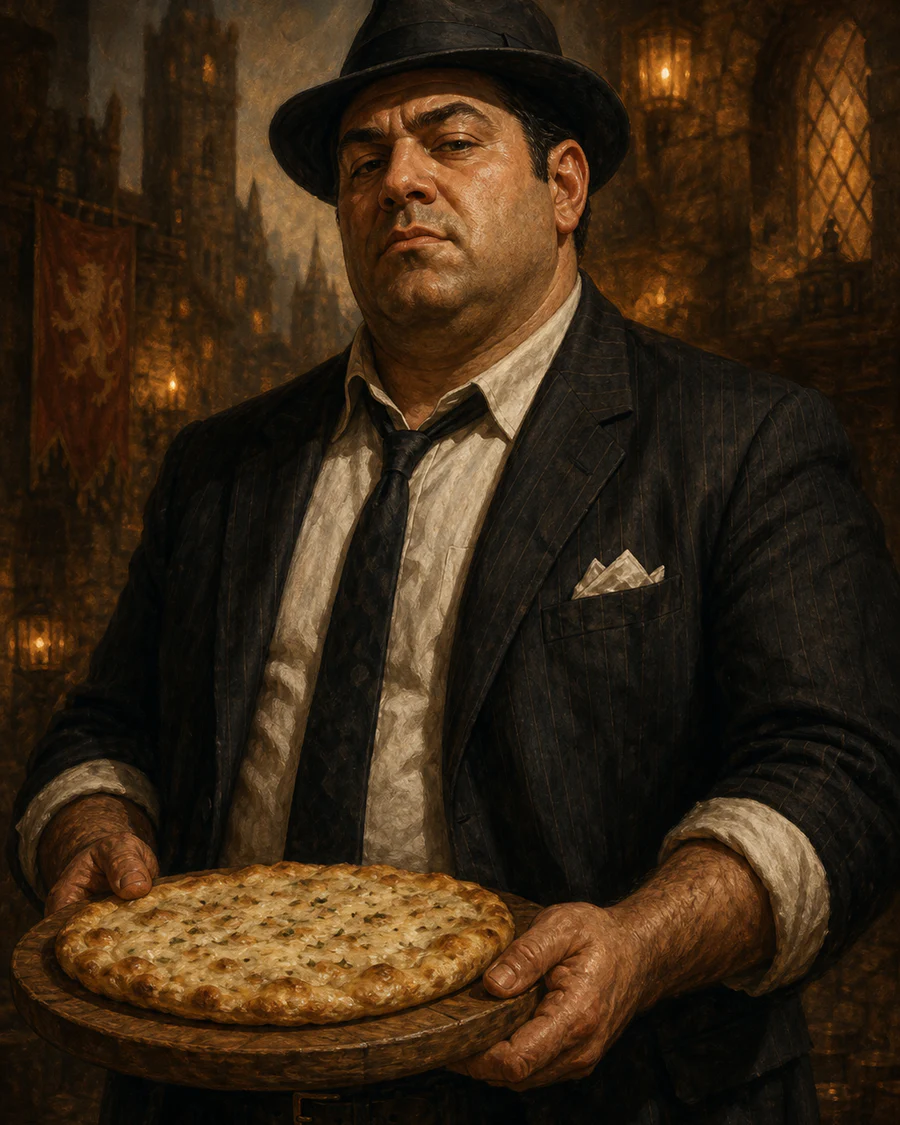 Frankie Nardone proudly presenting a rustic white-cheese pizza
