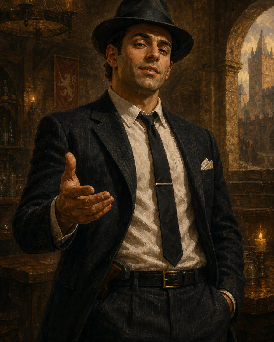 Mikey Morano gesturing confidently in a candlelit Thornwall tavern
