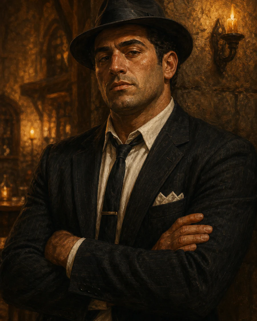 Sal Salerno standing stone-faced with folded arms against a tavern wall