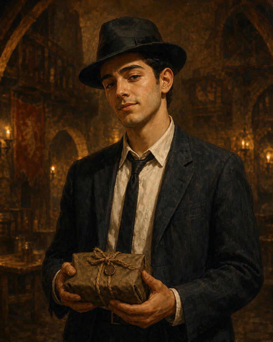 Young Tony Castellano holding a tied medieval parcel with an eager smile