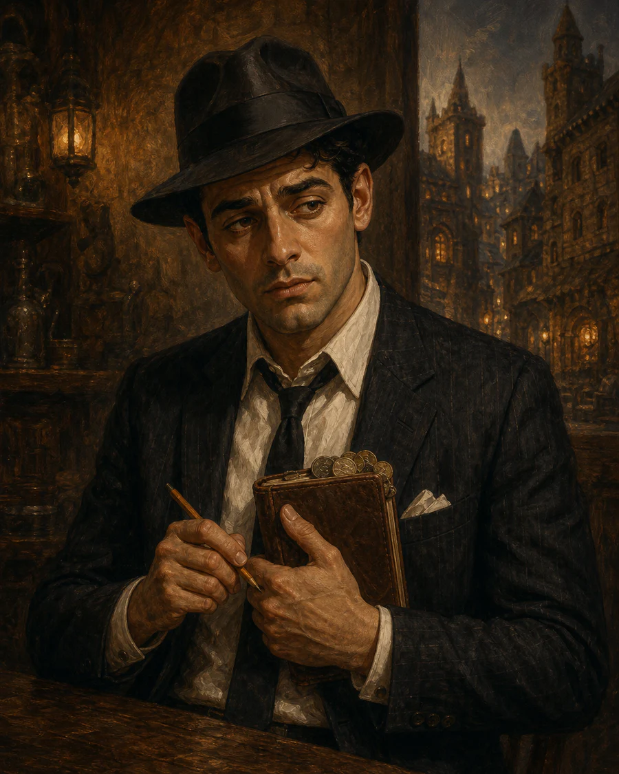 Vinny Vecchio clutching a leather ledger, pencil, and medieval coins
