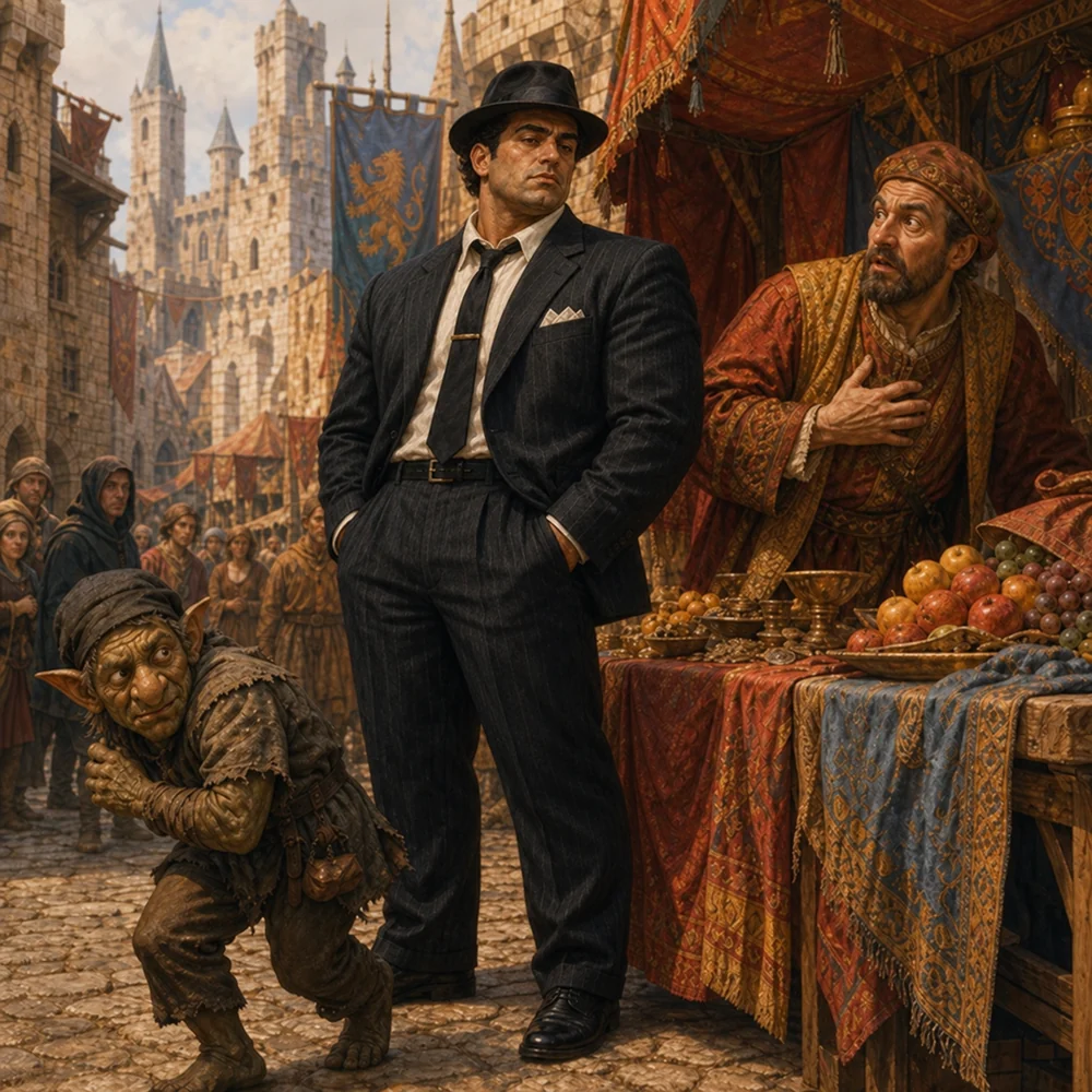 Sal standing beside a merchant stall while a goblin pickpocket retreats