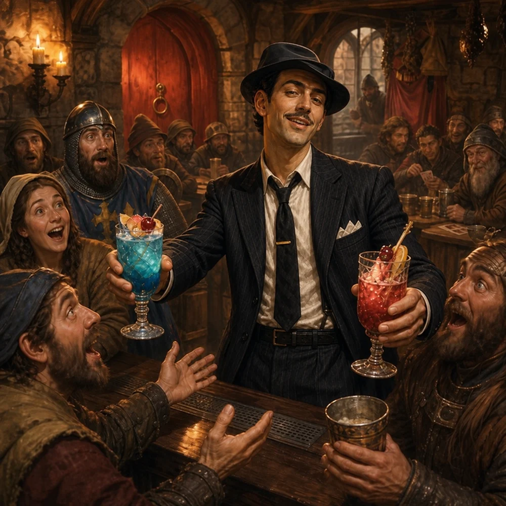 Paulie serving vivid cocktails to astonished medieval tavern patrons