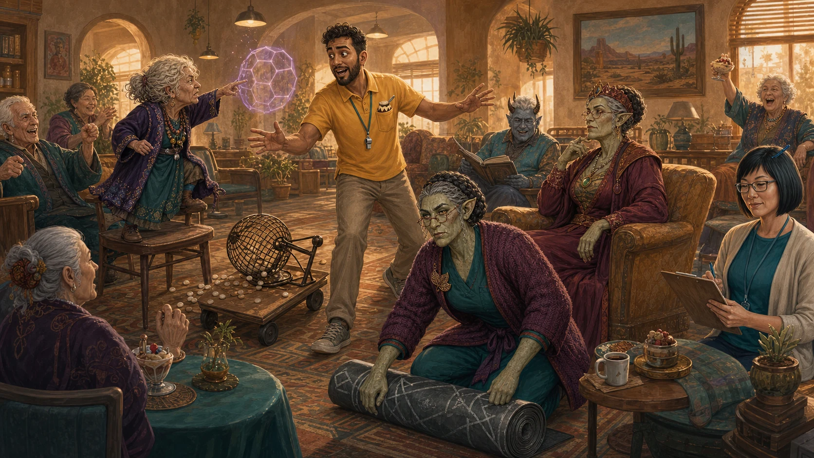 A harmless magical dispute breaking out during bingo at Sunset Dominion