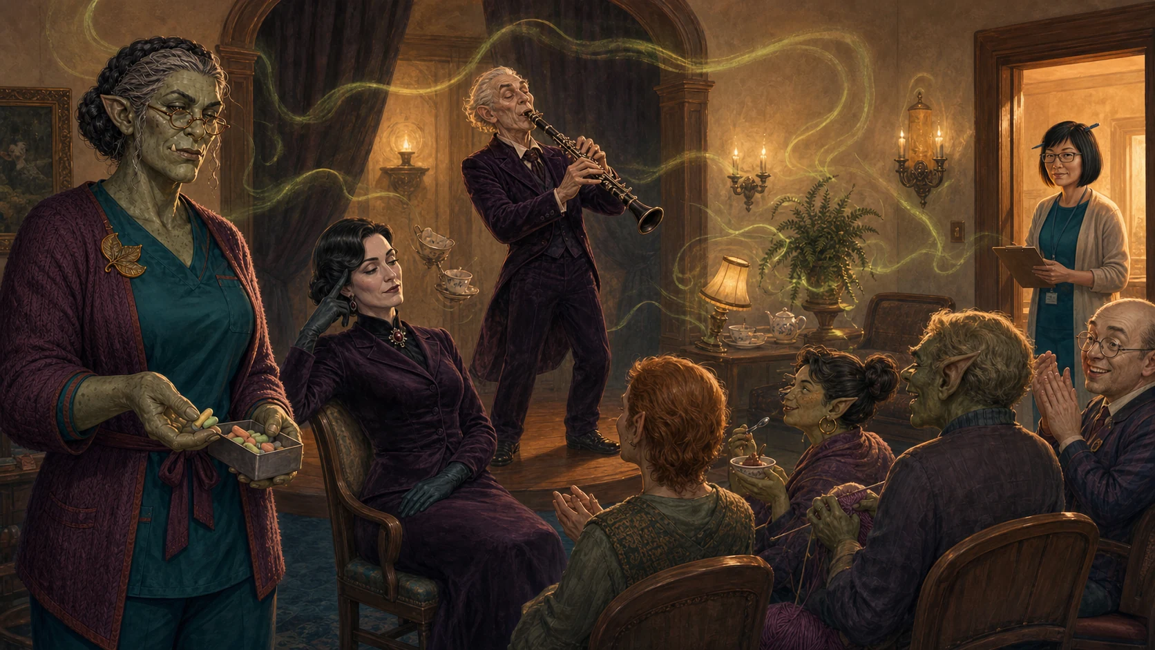 Former villains enduring the Dire Maestro's terrible clarinet recital