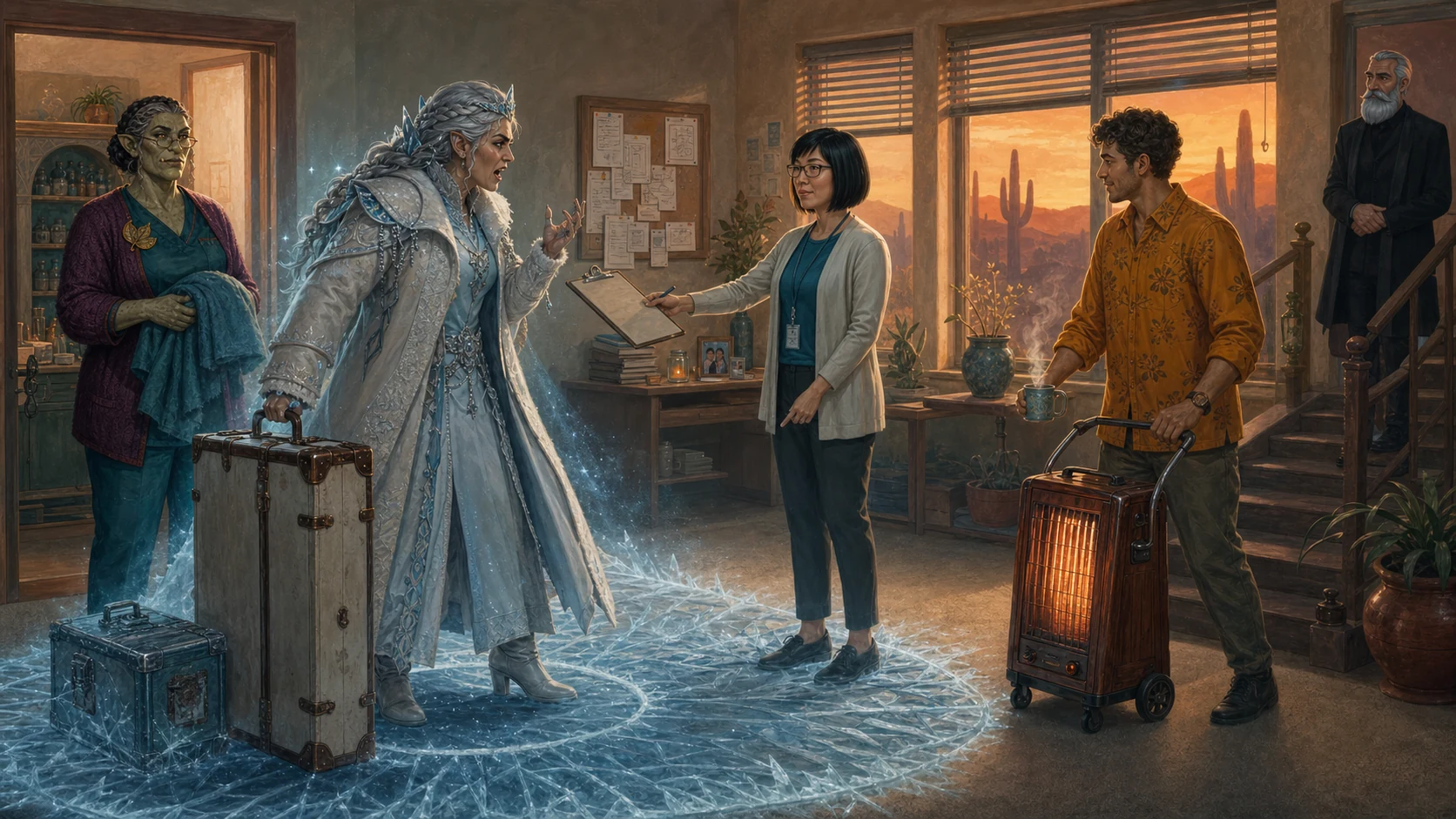 Linda Mei calmly processing an ice-tyrant's magical intake at Sunset Dominion