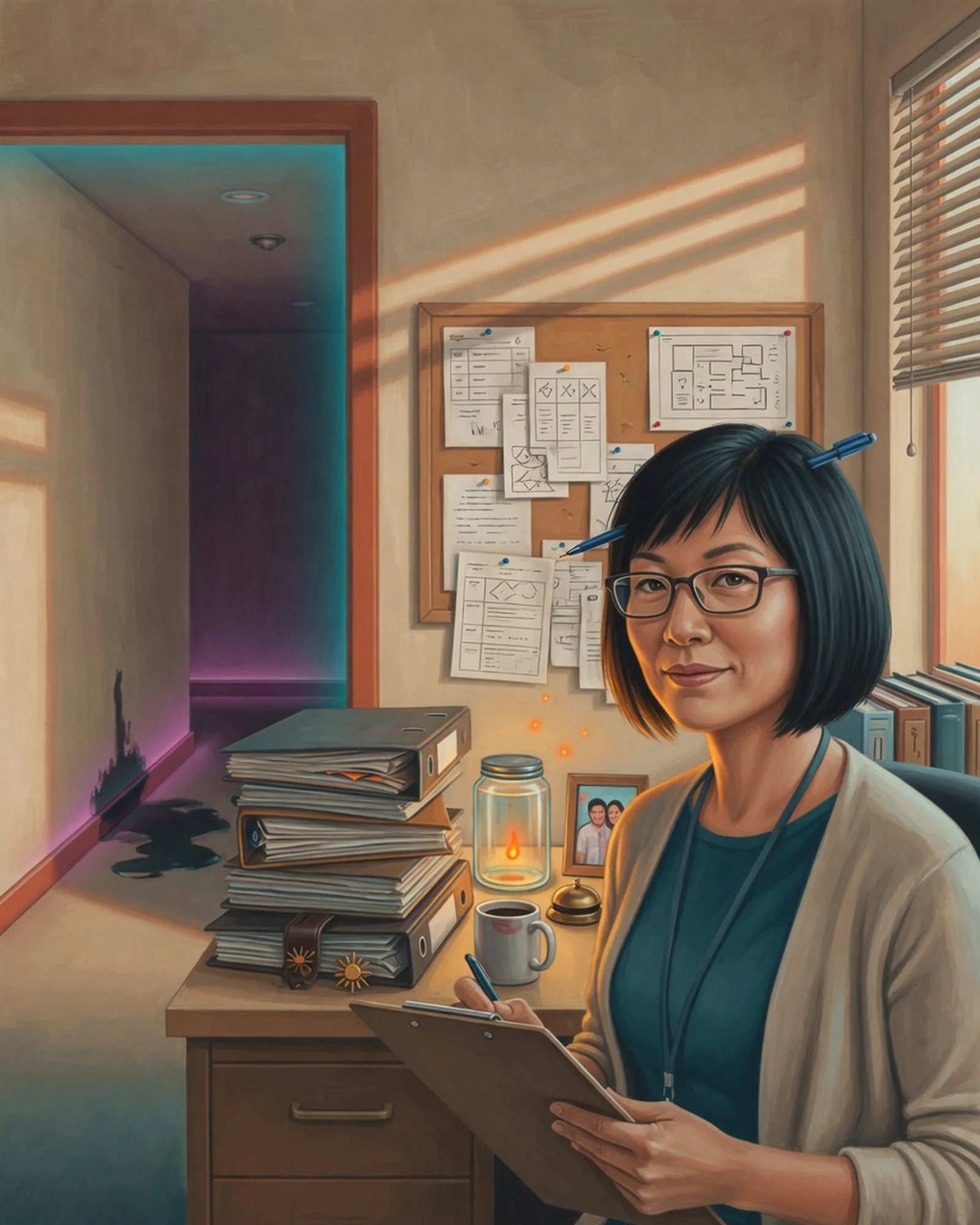 Linda Mei holding her clipboard inside Sunset Dominion