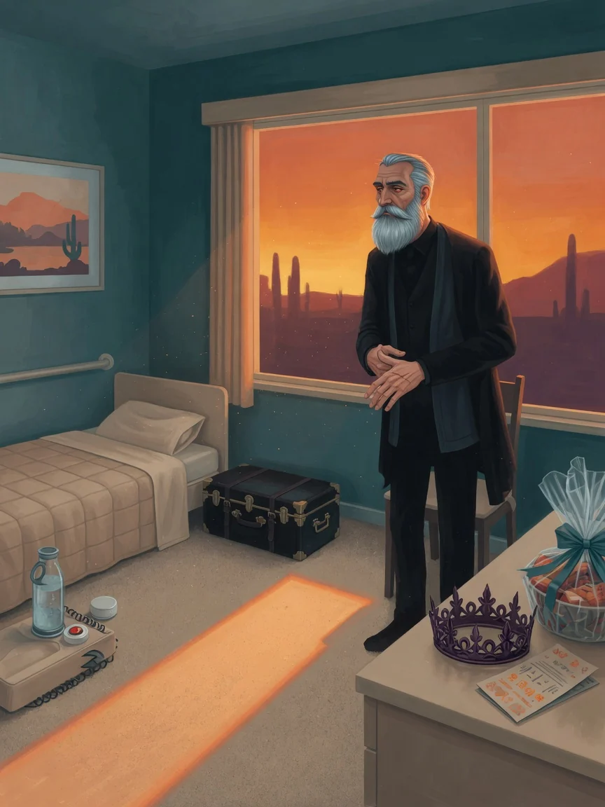 Mordechai Grimm in all black beside his discarded crown in a Tucson retirement room