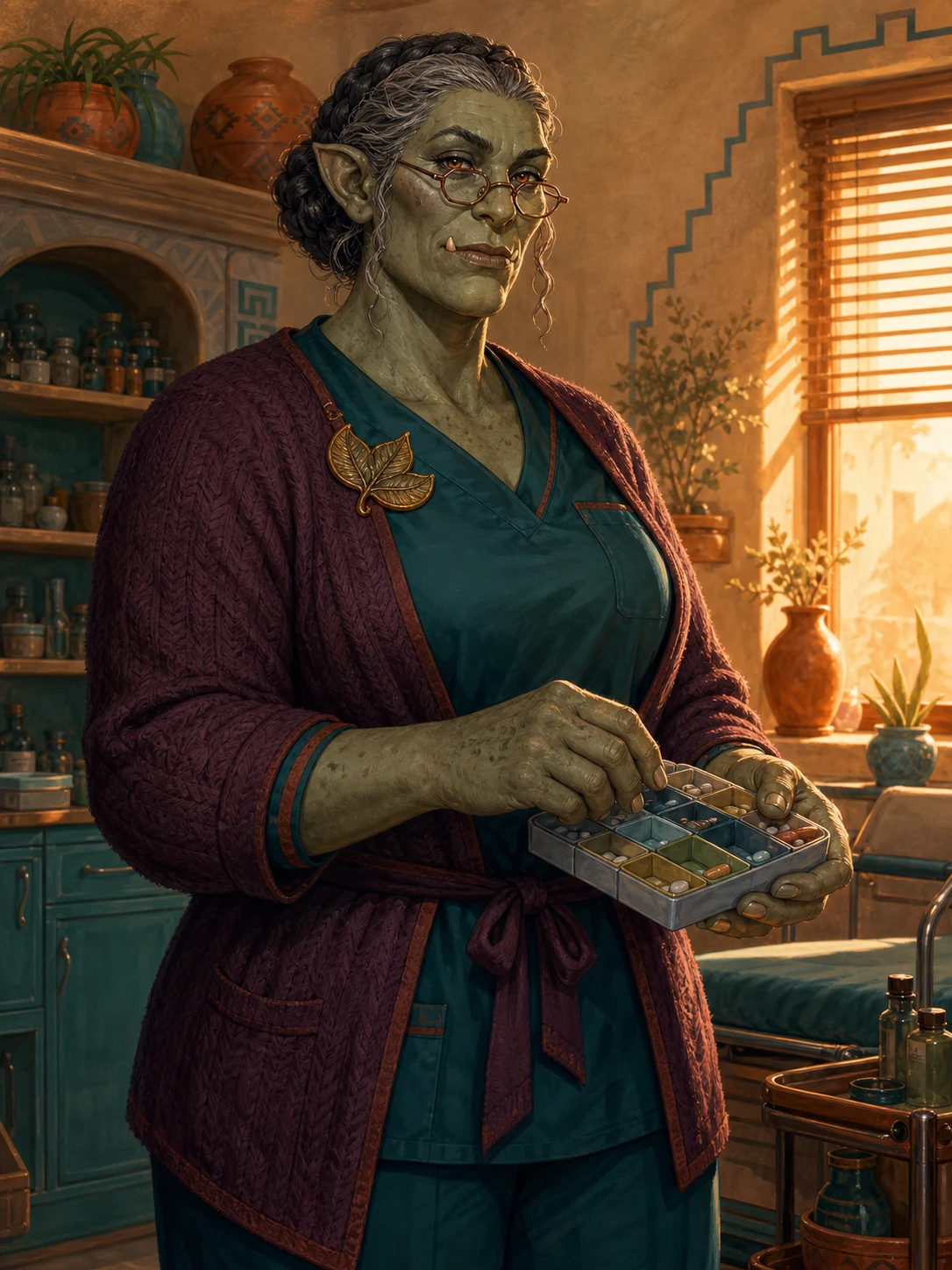 Nurse Ratchford, a dignified moss-gray ogre with braided hair, organizing medication