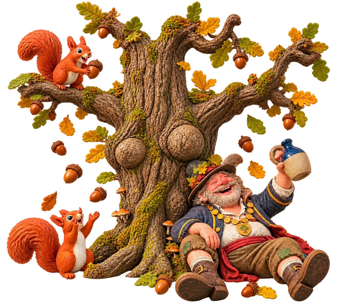 Clay miniature of the burl-covered oak Twiggy Bosoms, the town drunk, squirrels, and falling acorns