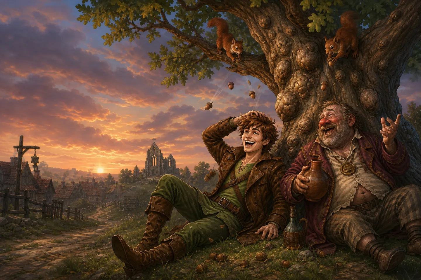 Dante and the cheerful town drunk sit beneath the burl-covered tree called Twiggy Bosoms