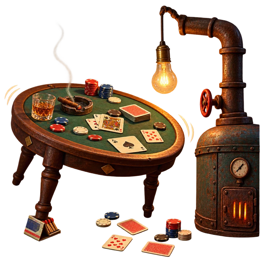 Clay curios of a wobbly poker table, cards, chips, a matchbook, bare bulb, and boiler pipe