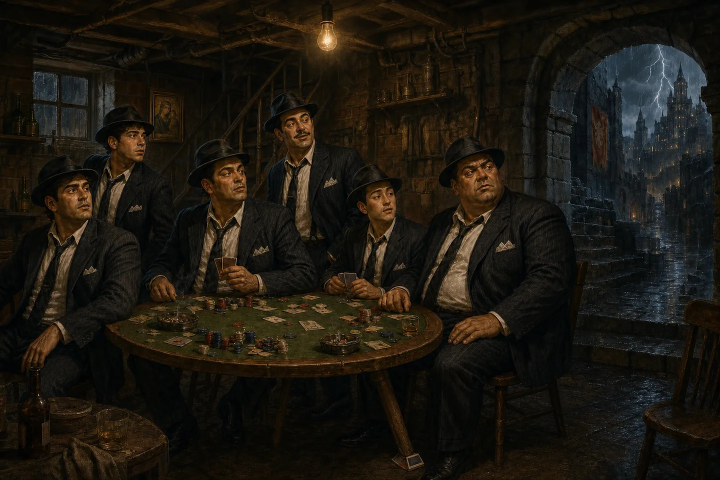 Six 1950s mobsters stare from a basement poker game into a stormy medieval city