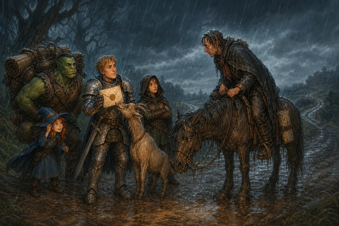 The Rusty Tankard party receives a sealed invitation from a soaked courier in heavy rain