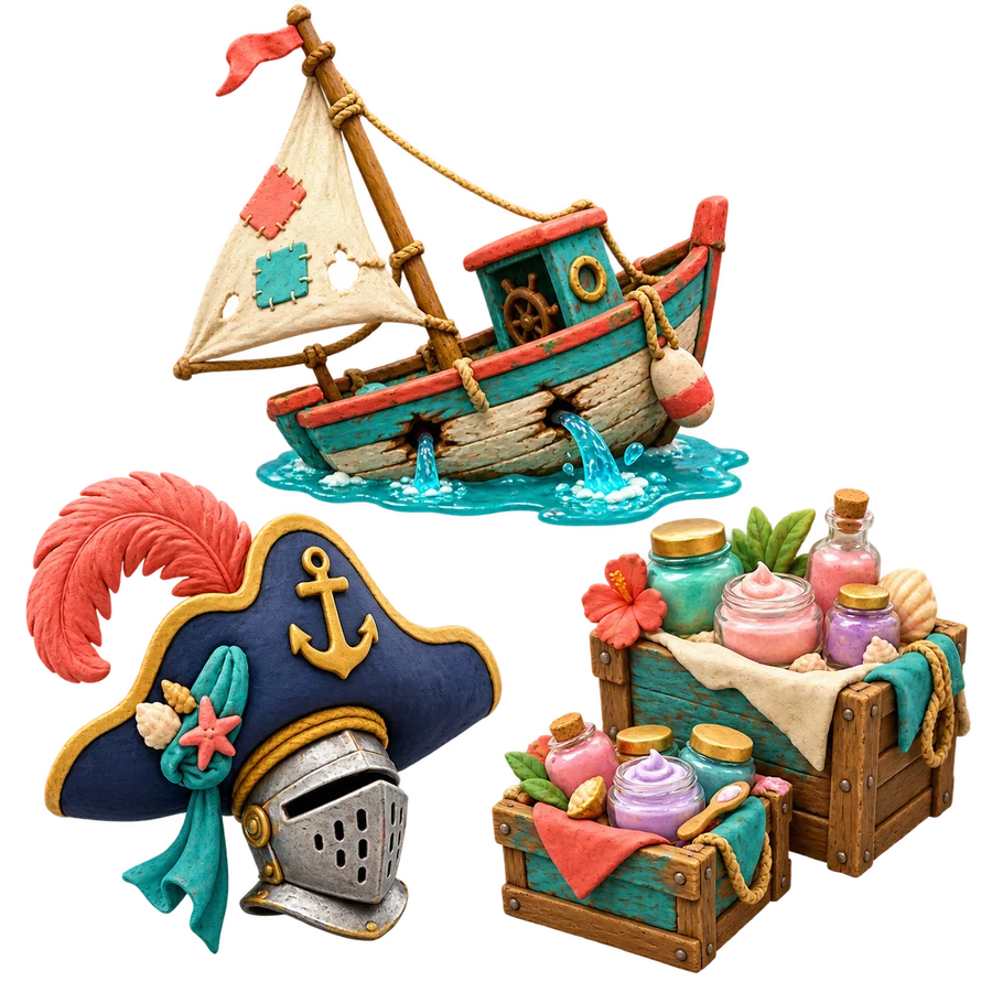 Clay curios of a leaking ship, an oversized captain hat, a helmet, and beauty cream cargo