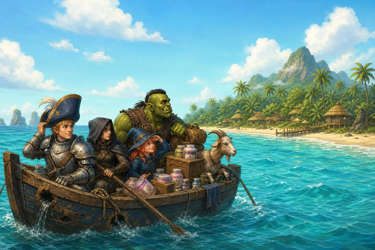 The Rusty Tankard party rows beauty supplies toward the brilliant tropical Isle of Venara