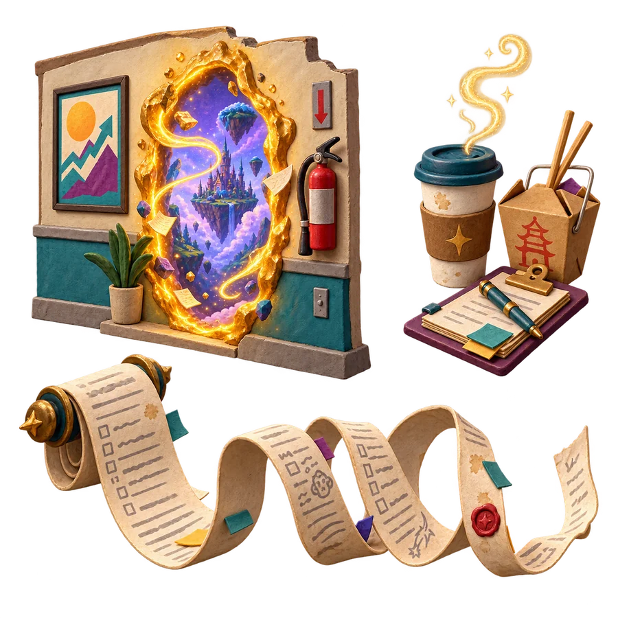 Clay curios of a magical office portal, coffee, clipboard, takeout carton, and long incident report