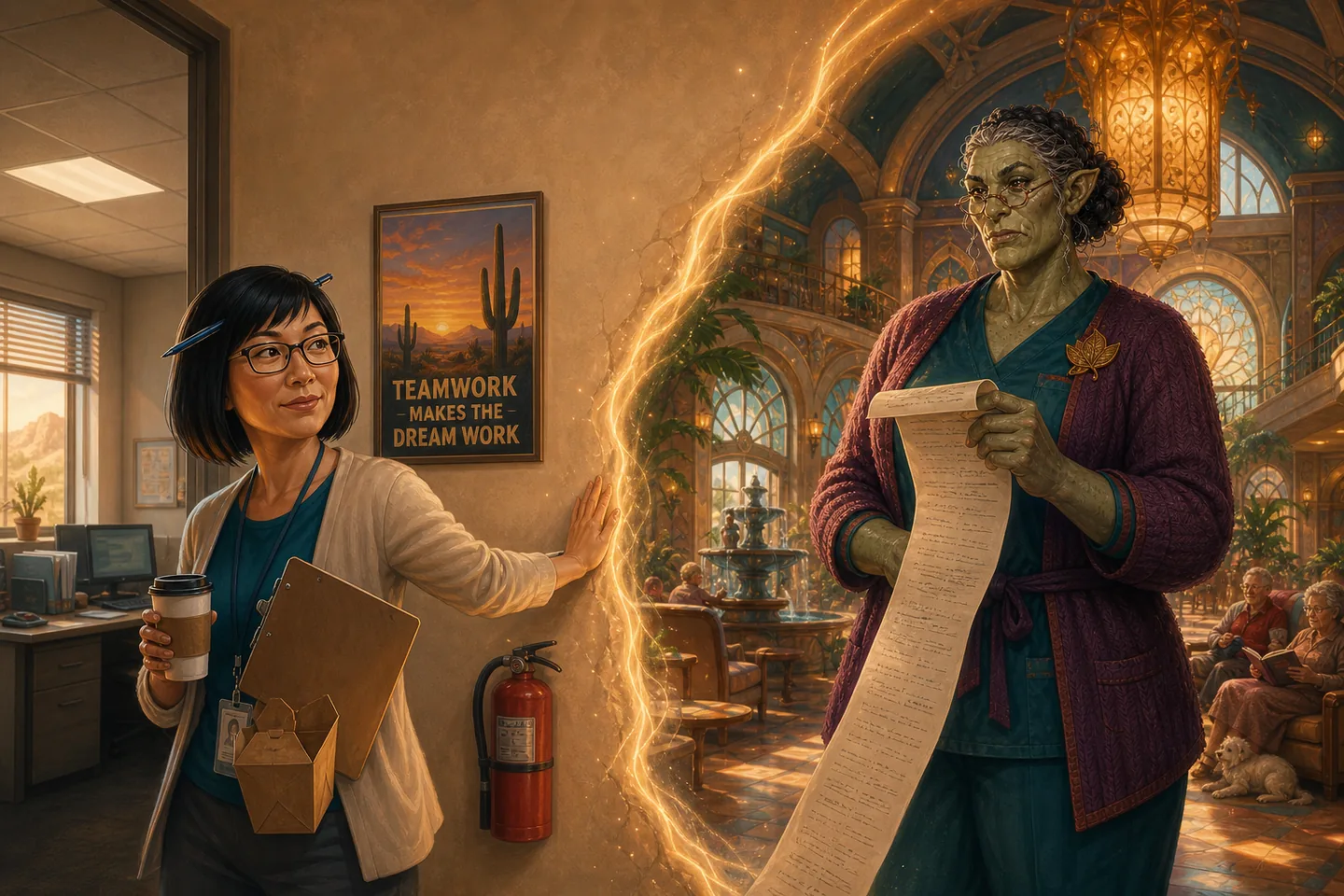 Linda Mei steps through an office wall portal toward Nurse Ratchford and Sunset Dominion