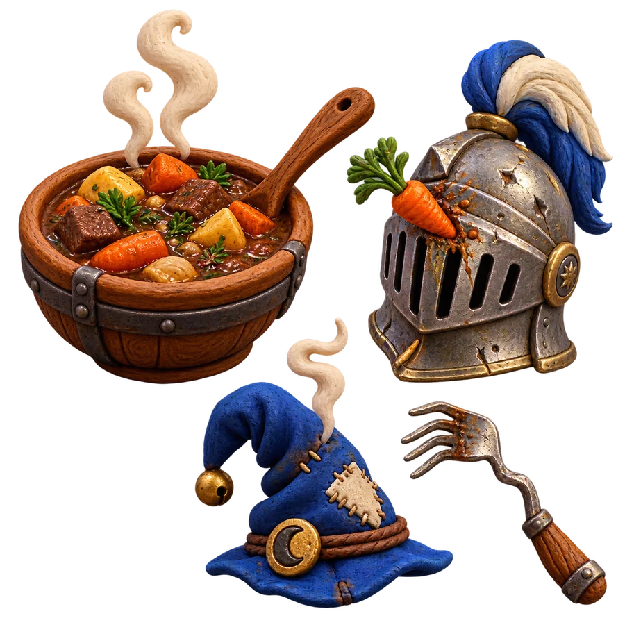 Clay curios of beef stew, a dented helmet, a smoking wizard hat, and a bent fork
