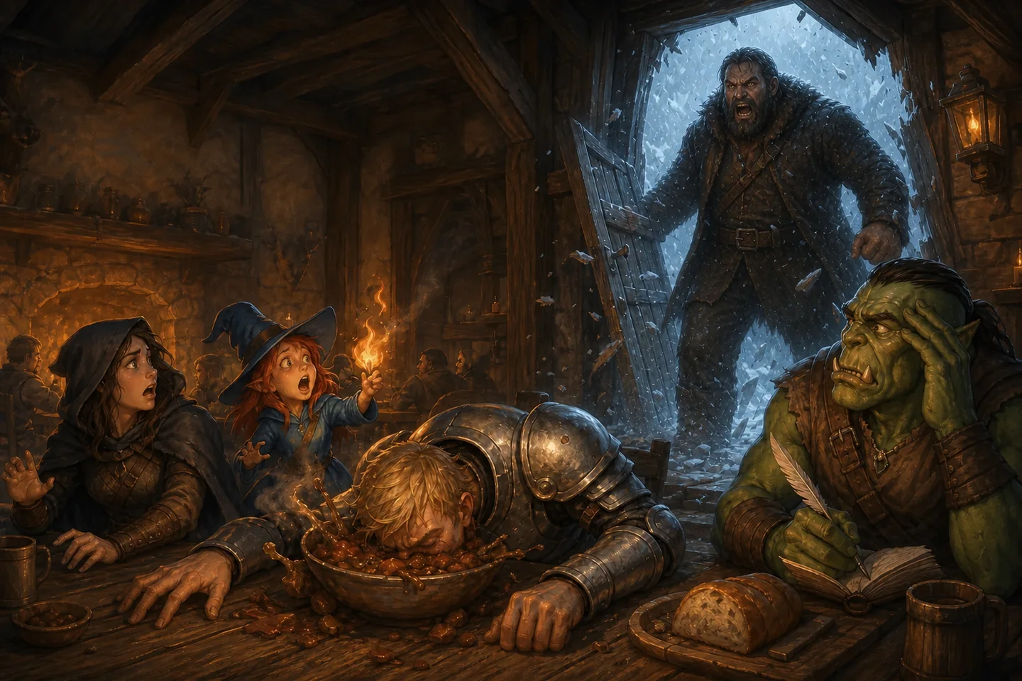 The Rusty Tankard party reacts as a massive human man bursts into the snowbound Singing Stone tavern